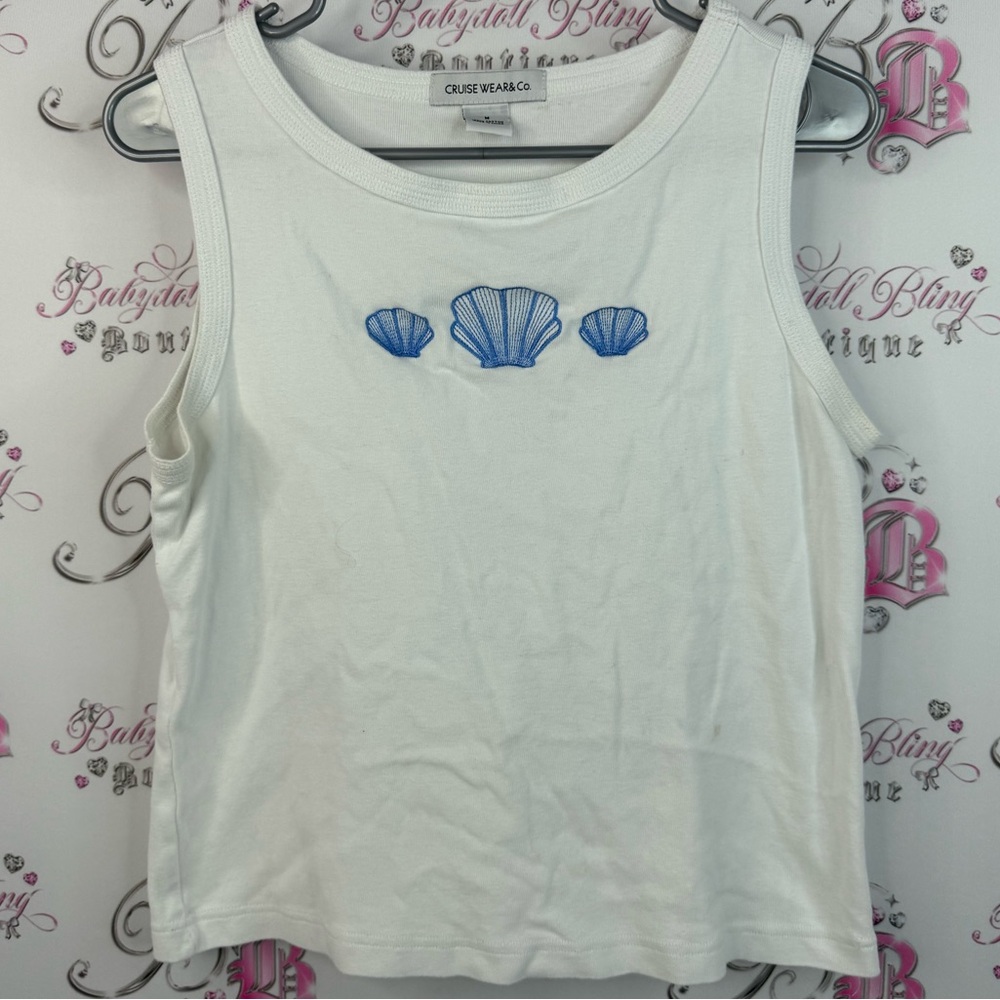 Cruise wear & co tank top shells White Tank Top with Blue Shell Embroidery